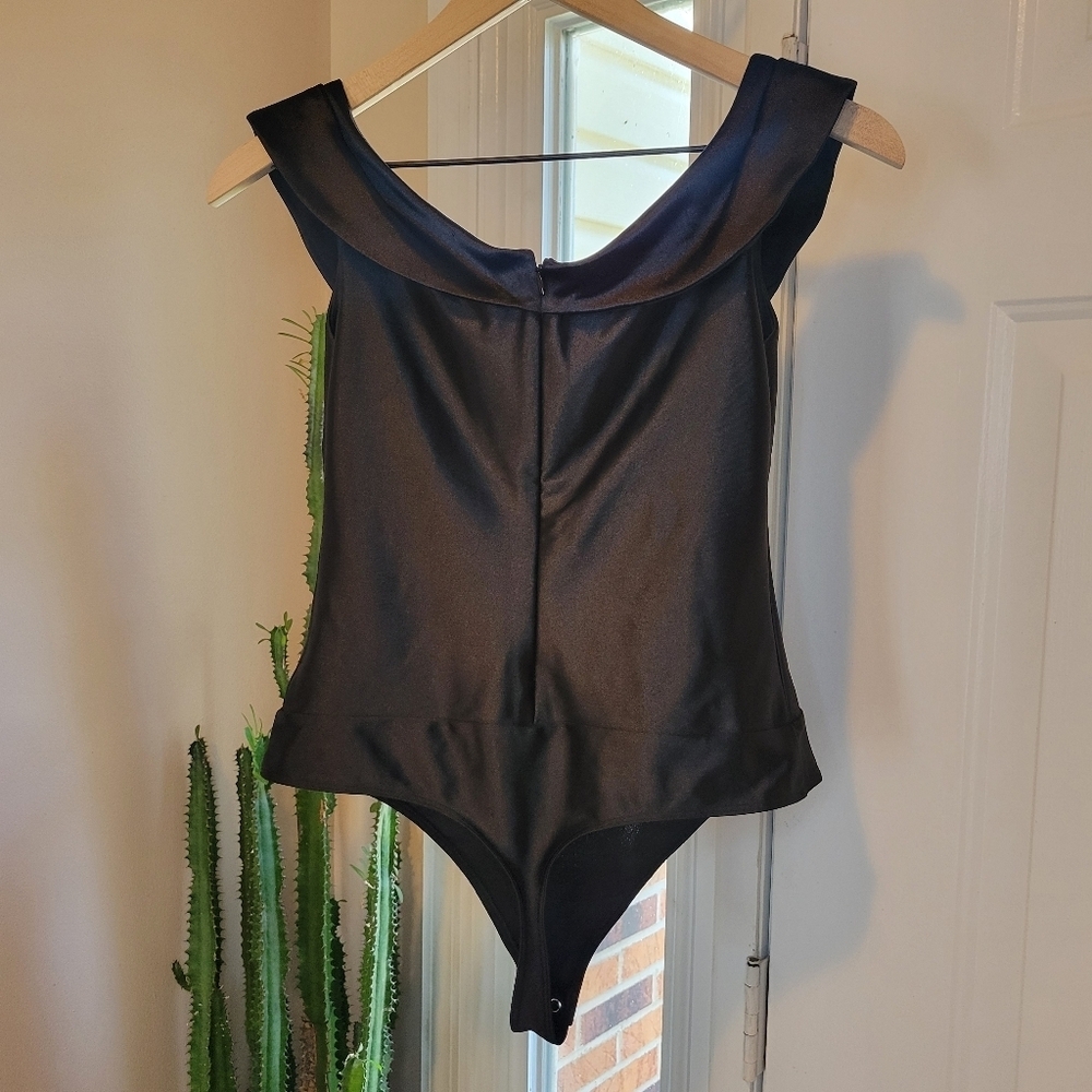 Express Off The Shoulder Black One-Piece Bodysuit, Size XS Shiny Satin Sexy - Picture 7 of 9